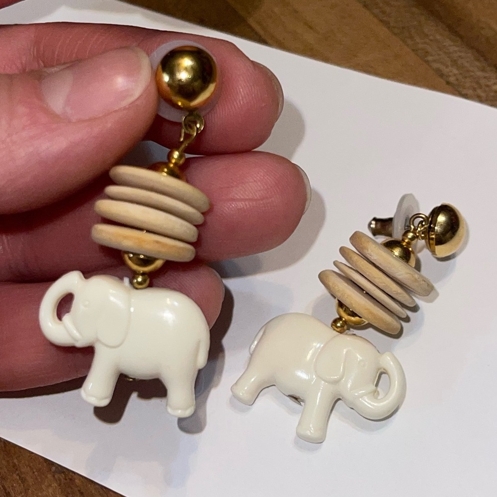 White Elephant Earrings with Wood Detail